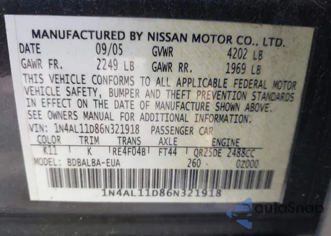 2006 Nissan Altima 2.5 S z USA, uszkodzony, nr VIN 1N4AL11D86N321918